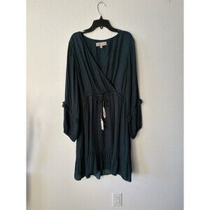 DOLAN Dark Green V-Neck Ruffle Sleeve Drawstring Waist Mini Dress Size Medium